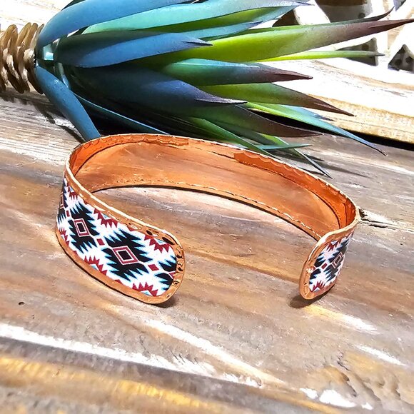 Cuff Bracelet, Copper Turquoise Black Burgundy White Southwestern Aztec Pattern - Picture 3 of 8